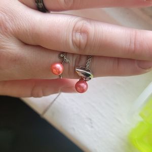 Coral color pearl jewelry 1 ring and 1 necklace matching